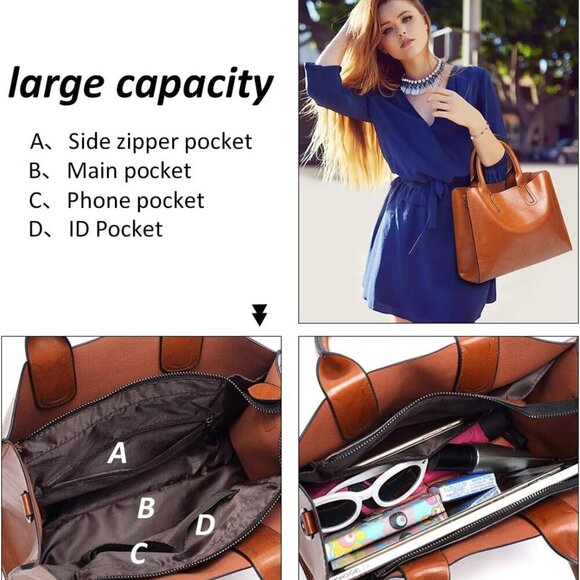 Elegant Brown Leather Tote Bag for Women: Versatile & Stylish Organizer - Picture 4 of 7